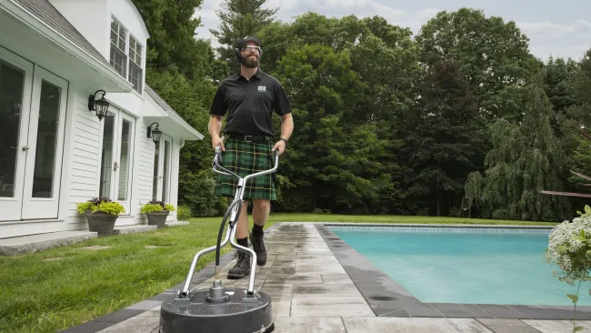 a man standing on a trampoline in front of a house