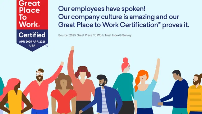Visual celebrating Great Place to Work Certification with diverse employees expressing joy and enthusiasm.