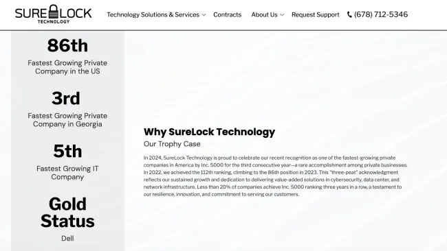 SureLock Technology's achievement as one of the fastest-growing private companies in the US, Georgia, and IT sector.