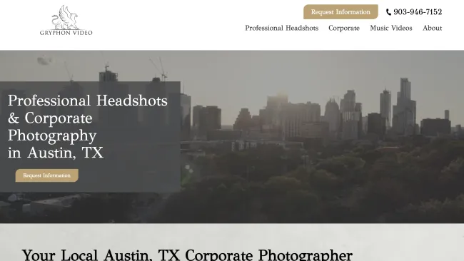 Austin, TX city skyline at sunset with overlay text promoting professional headshots and corporate photography