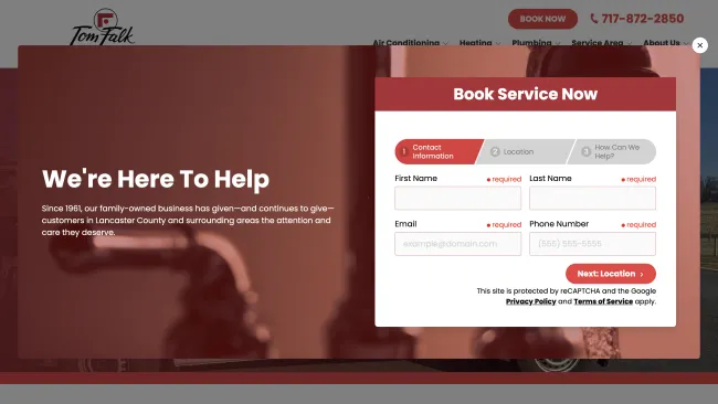 Plumbing service website with contact form overlay and message highlighting family-owned business support since 1961.