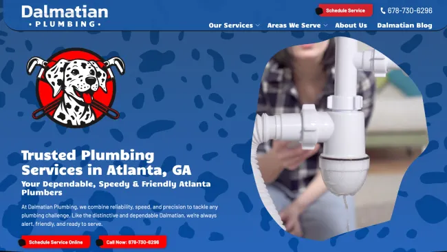 Dalmatian Plumbing website showing trusted plumbing services in Atlanta with a plumber fixing a pipe.