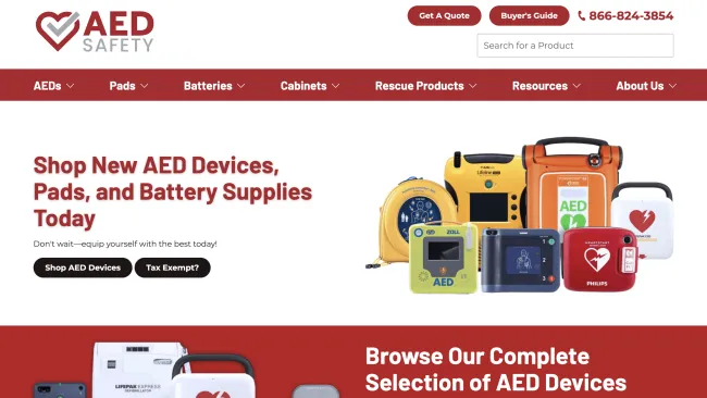 Various Automated External Defibrillators (AEDs) devices in different shapes and colors displayed against white background.