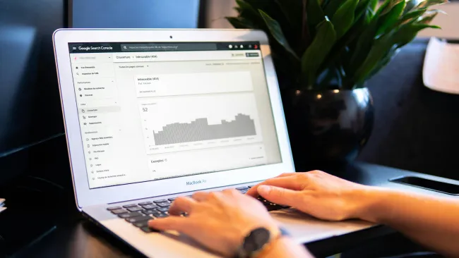 Person analyzing traffic data on Google Search Console dashboard on a MacBook laptop with plant in background.