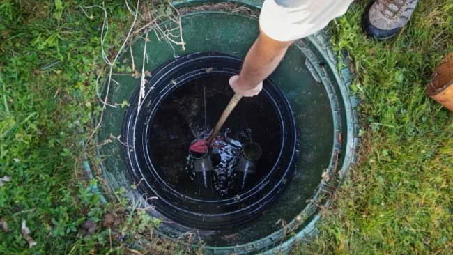 Person cleaning or inspecting a septic tank pipe opening outdoors surrounded by grass and vegetation.