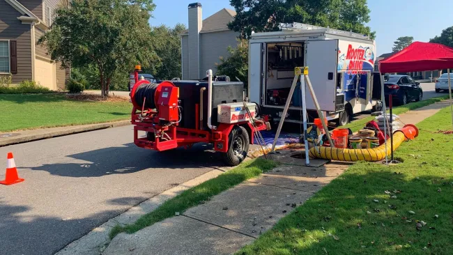 a red truck parked on the side of a road