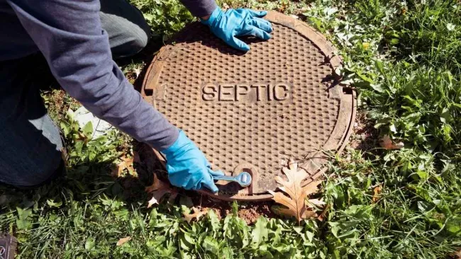 Person wearing blue gloves working on a rusty septic tank cover in grassy area with leaves around.