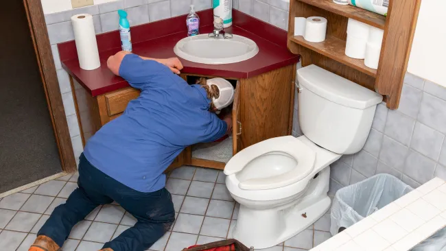a person bending over to touch a toilet