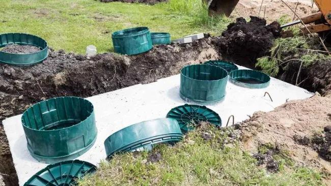 Installing a septic tank system with green risers and an excavator at a construction site outdoors.