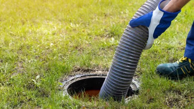 Worker wearing gloves inserting large hose into outdoor sewer or drainage hole on grassy lawn.