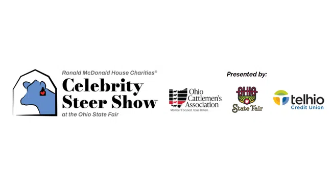 Logos for Ronald McDonald House Charities Celebrity Steer Show, Ohio Cattlemen's Association, Ohio State Fair, and Telhio Credit Union