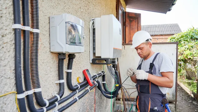 a man wearing a hard hat working on a machine