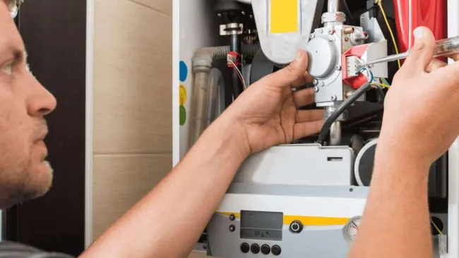 Technician repairing a wall-mounted boiler using a screwdriver inside a utility room.