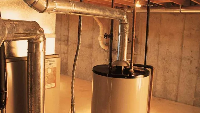 Basement water heater and furnace system with exposed ductwork and concrete walls in warm lighting.