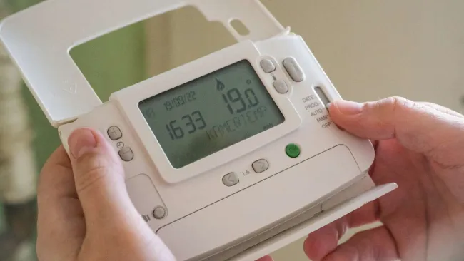 Hands adjusting a digital thermostat displaying 19.0 degrees Celsius and the time 16:33 on a white control panel.