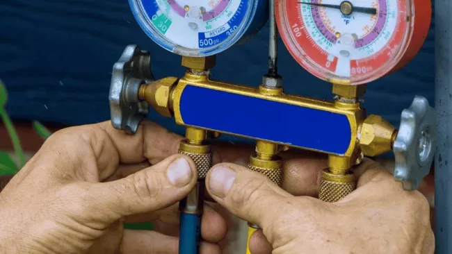 Close-up of hands adjusting HVAC gauges with blue and red dials measuring pressure and temperature.