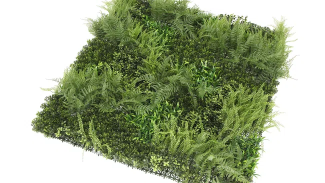 Square patch of artificial green foliage with various leafy plants on a mesh base against white background.