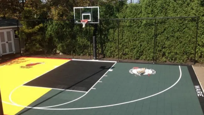 Outdoor custom basketball court with colorful sections, team logos, and a backboard amidst green fenced trees.