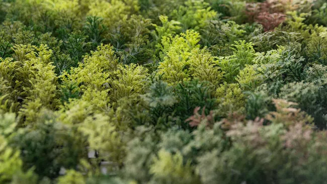 Close-up of dense green and yellow conifer foliage with varied textures and shades in natural light.