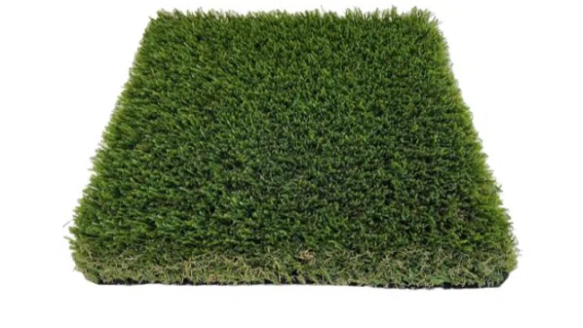 Square sample piece of green artificial turf grass on a white background showing dense blades.