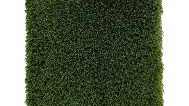Square panel of dense artificial green grass turf with realistic texture on a white background.