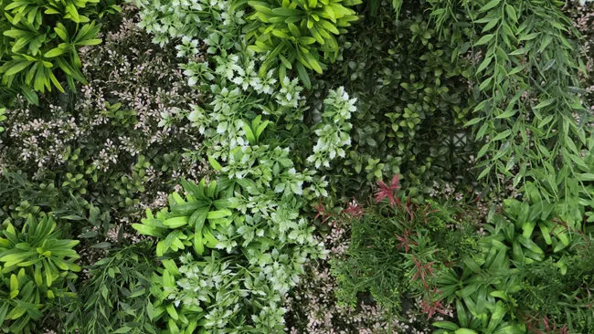 Dense vertical garden with diverse green leafy plants and small white flowers in natural arrangement.
