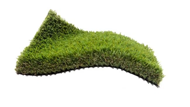 Green grass patch cut into an arrow shape pointing upward on a white background.