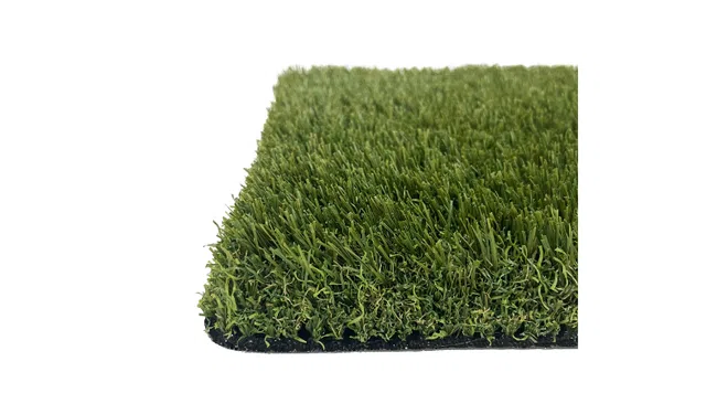 Close-up of green artificial grass turf with dense fibers on white background