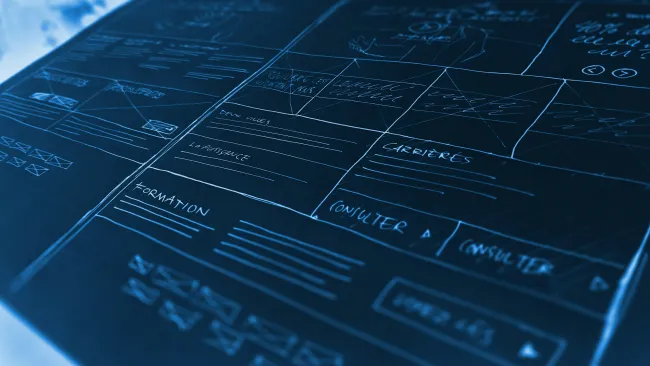 Close-up of a website wireframe sketched on blue paper showing layout structure and navigation elements.