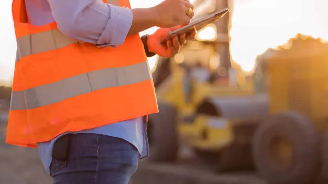 Construction worker wearing orange safety vest using tablet on site with heavy machinery in background at sunset