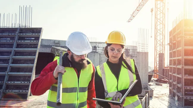 Two construction workers in safety vests and helmets reviewing plans on a laptop at a building site with cranes.