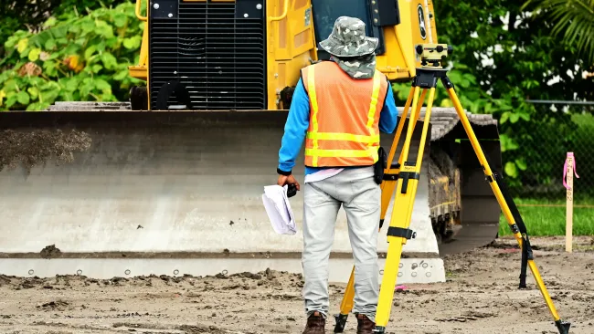 Construction worker in safety vest using surveying equipment near bulldozer on site.
