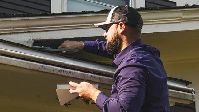Man in purple shirt and cap cleaning house gutters while standing on a ladder on sunny day.