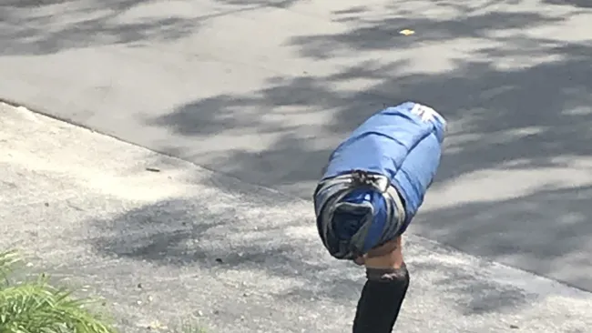 Person carrying a large blue rolled-up sleeping bag or mat on their back while walking on a shaded street.