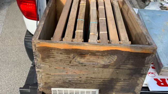 Old wooden bee hive box with removable frames sitting on a truck bed outdoors.