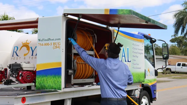 Pest control worker in blue shirt handling hose from Royal Pest & Termite truck on street under blue sky.