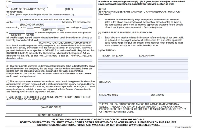 Certified statement form template for payroll verification and compliance with federal Davis-Bacon Act requirements.