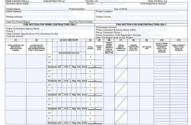 Payroll certified statement form WH-38 for prime contractors and subcontractors with wage and hour details
