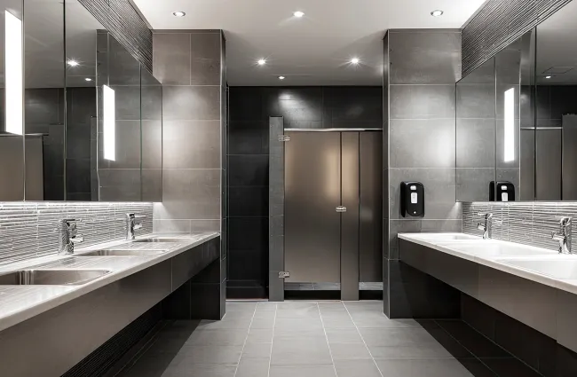 Modern public restroom with dual sinks, large mirrors, gray tiles, and a stainless steel stall door.