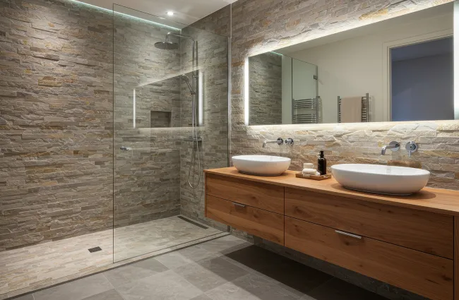 Modern bathroom with stone walls, walk-in glass shower, wooden vanity, and double vessel sinks under illuminated mirror.