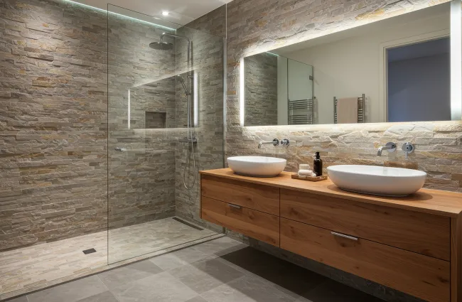 Modern bathroom with stone tile walls, glass shower enclosure, wooden vanity, and illuminated mirror.
