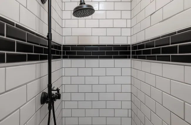 Modern shower with black overhead showerhead and white subway tiles accented by black tile band