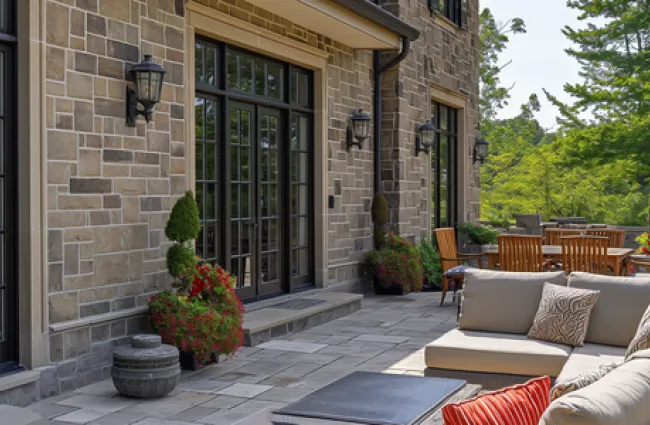 Spacious stone patio with modern outdoor furniture and lush green garden surrounding a luxury home.