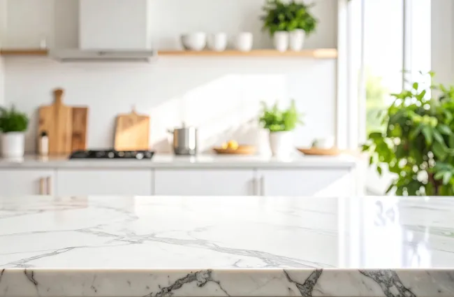 Clean white marble kitchen countertop with blurred modern kitchen and plants in the bright background.