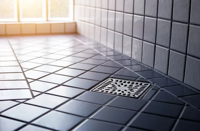Close-up of a tiled bathroom floor with a metal drain cover and sunlight streaming through a window.