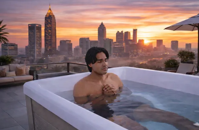 Man relaxing in rooftop hot tub with city skyline and vibrant sunset in the background