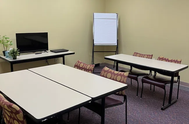 Small conference room with tables, patterned chairs, a TV screen, laptop, plants, and a flip chart under fluorescent lights.