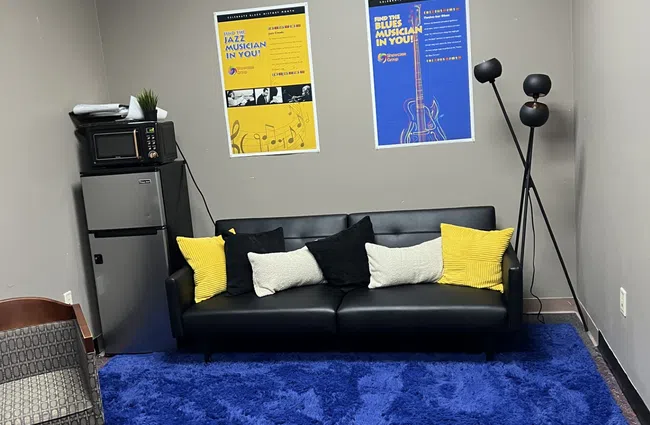 Cozy lounge area with black sofa, colorful pillows, blue rug, posters, floor lamp, and kitchenette with fridge and microwave.
