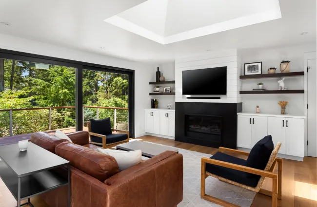 a living room with a fireplace