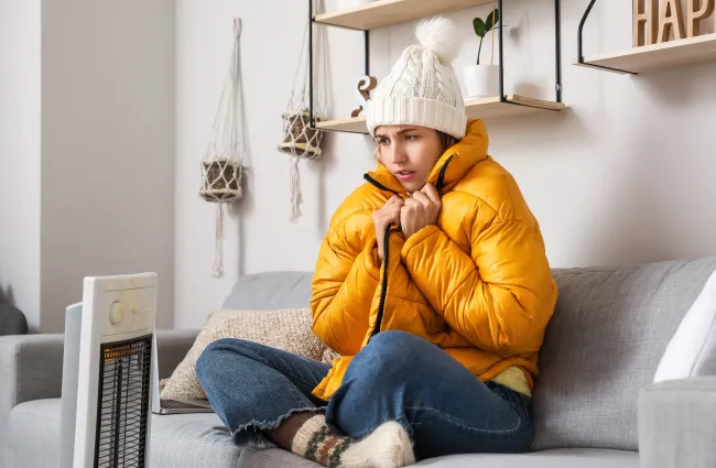 Young woman in a yellow jacket and white beanie sitting cold on a couch near a space heater indoors.